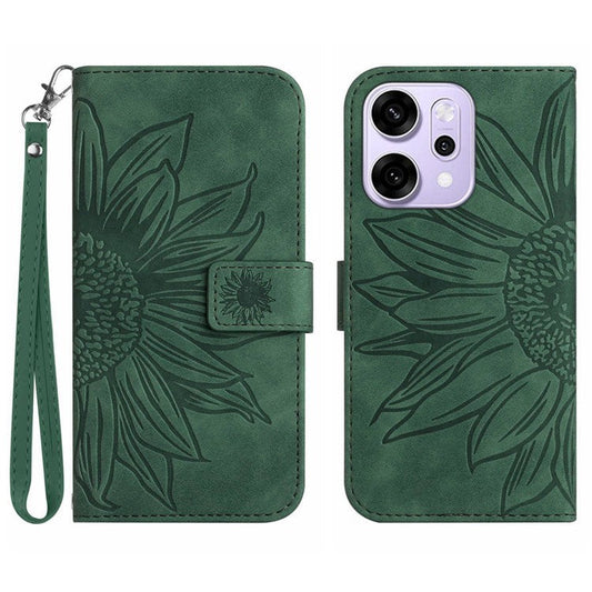 For Oppo Reno14 5G (Global) Case Sunflower Imprint Leather Wallet Phone Cover with Wrist Strap - Dark Green
