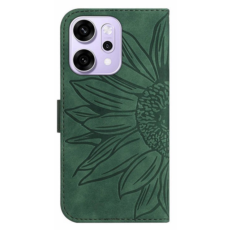For Oppo Reno14 5G (Global) Case Sunflower Imprint Leather Wallet Phone Cover with Wrist Strap - Dark Green