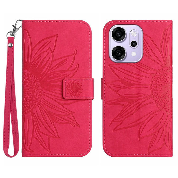 For Oppo Reno14 5G (Global) Case Sunflower Imprint Leather Wallet Phone Cover with Wrist Strap - Rose