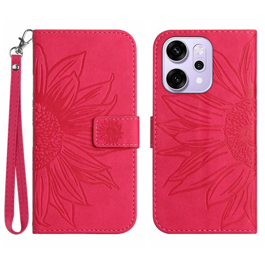 For Oppo Reno14 5G (Global) Case Sunflower Imprint Leather Wallet Phone Cover with Wrist Strap - Rose
