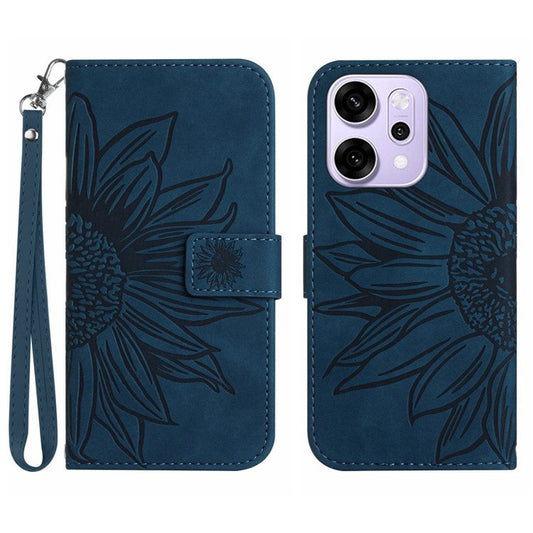 For Oppo Reno14 5G (Global) Case Sunflower Imprint Leather Wallet Phone Cover with Wrist Strap - Dark Blue