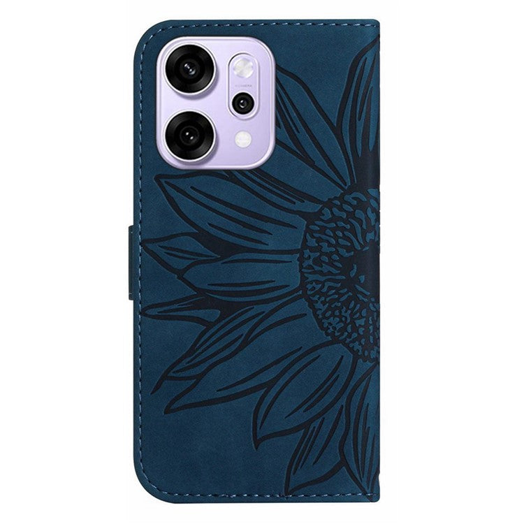 For Oppo Reno14 5G (Global) Case Sunflower Imprint Leather Wallet Phone Cover with Wrist Strap - Dark Blue