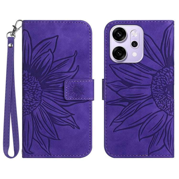 For Oppo Reno14 5G (Global) Case Sunflower Imprint Leather Wallet Phone Cover with Wrist Strap - Dark Purple