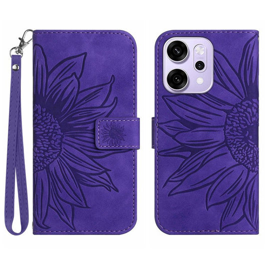 For Oppo Reno14 5G (Global) Case Sunflower Imprint Leather Wallet Phone Cover with Wrist Strap - Dark Purple