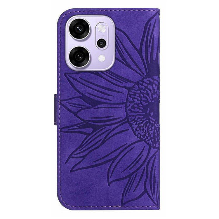 For Oppo Reno14 5G (Global) Case Sunflower Imprint Leather Wallet Phone Cover with Wrist Strap - Dark Purple
