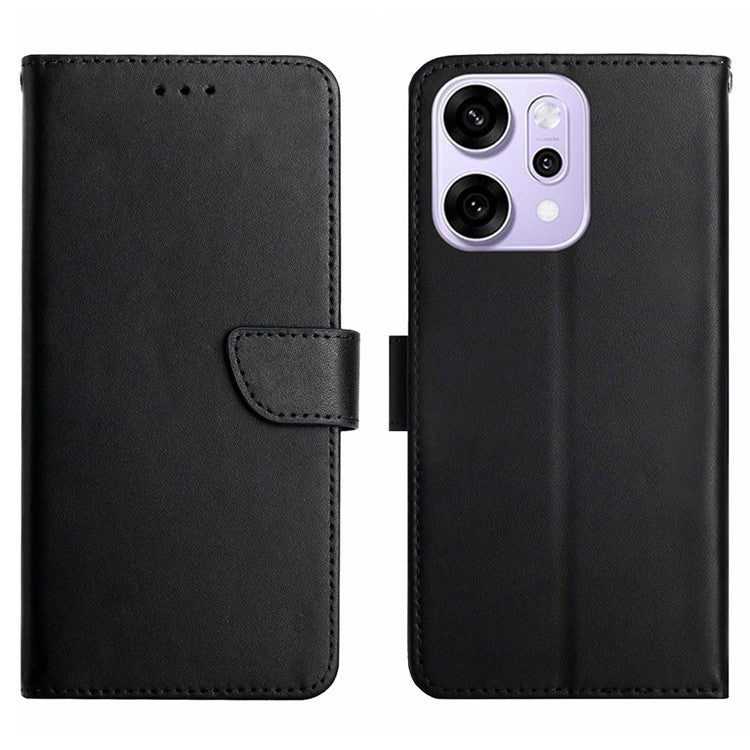 For Oppo Reno14 5G (Global) Case Genuine Cow Leather Phone Cover Nappa Texture - Black