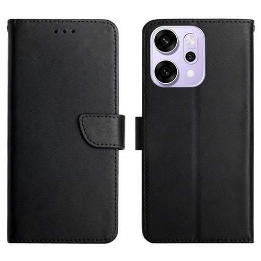 For Oppo Reno14 5G (Global) Case Genuine Cow Leather Phone Cover Nappa Texture - Black