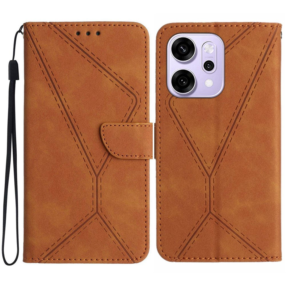 For Oppo Reno14 Pro 5G (Global) Case Skin Touch Lines Imprinted PU Leather Flip Phone Cover - Brown
