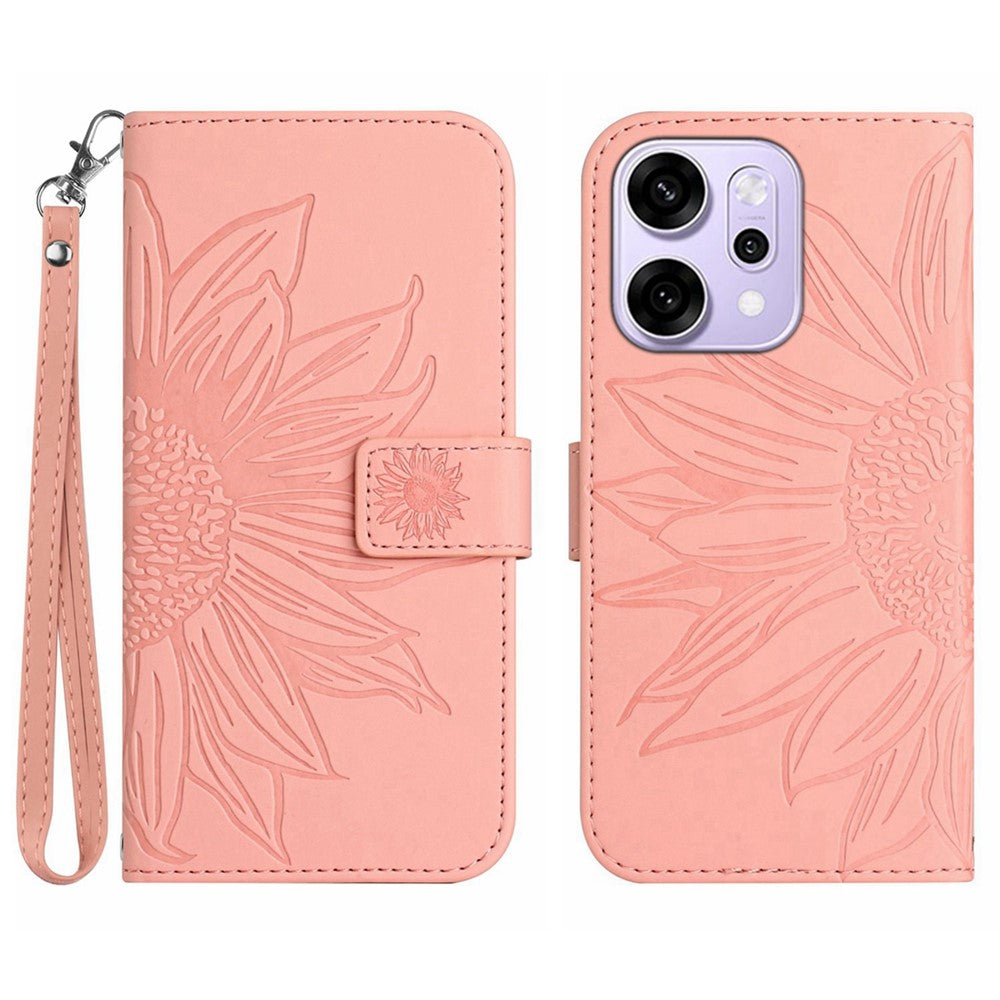 For Oppo Reno14 Pro 5G (Global) Case Sunflower Imprint Leather Wallet Phone Cover with Wrist Strap - Light Pink