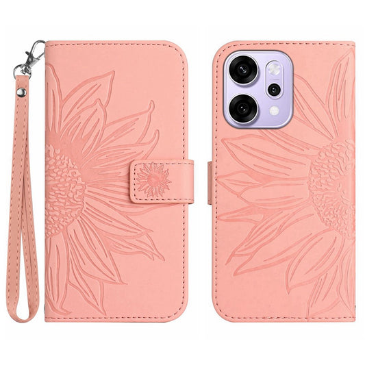 For Oppo Reno14 Pro 5G (Global) Case Sunflower Imprint Leather Wallet Phone Cover with Wrist Strap - Light Pink