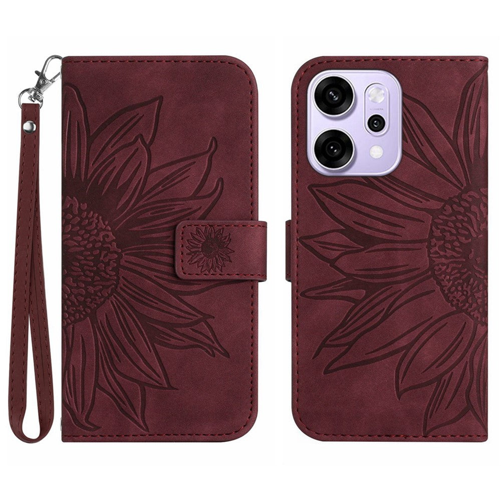 For Oppo Reno14 Pro 5G (Global) Case Sunflower Imprint Leather Wallet Phone Cover with Wrist Strap - Wine Red