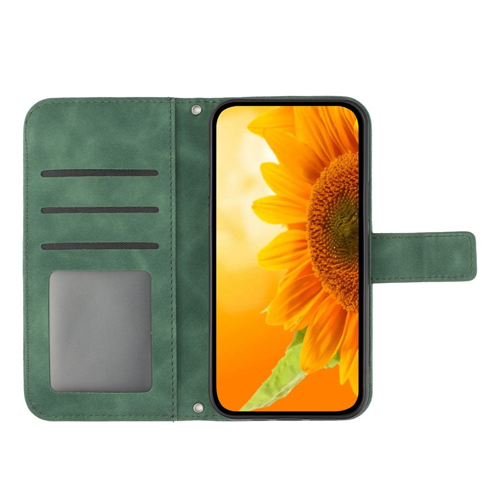 For Oppo Reno14 Pro 5G (Global) Case Sunflower Imprint Leather Wallet Phone Cover with Wrist Strap - Dark Green