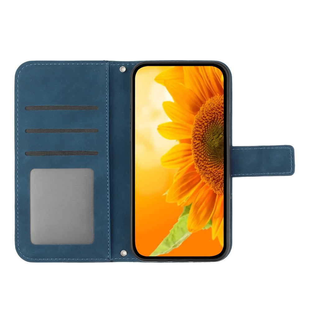 For Oppo Reno14 Pro 5G (Global) Case Sunflower Imprint Leather Wallet Phone Cover with Wrist Strap - Dark Blue