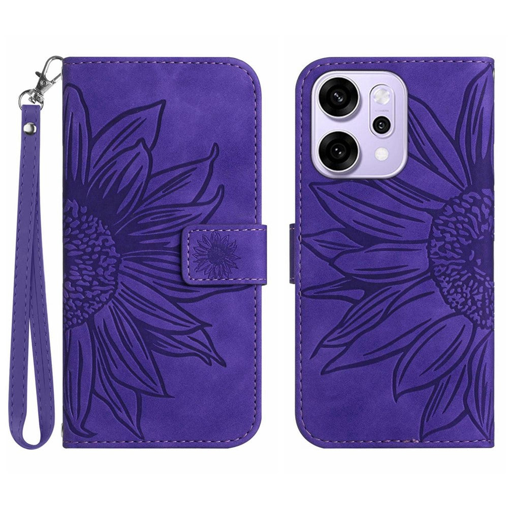 For Oppo Reno14 Pro 5G (Global) Case Sunflower Imprint Leather Wallet Phone Cover with Wrist Strap - Dark Purple