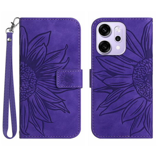 For Oppo Reno14 Pro 5G (Global) Case Sunflower Imprint Leather Wallet Phone Cover with Wrist Strap - Dark Purple