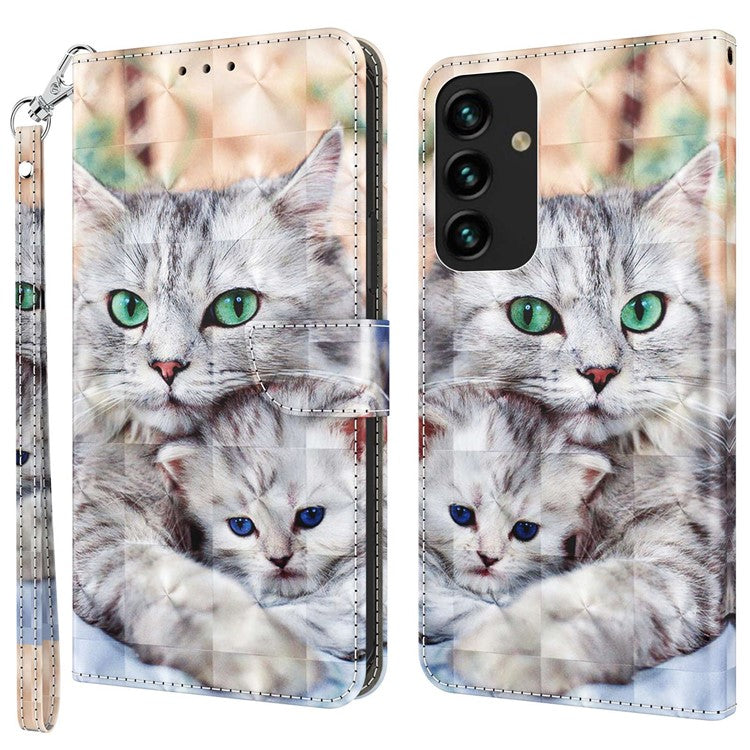 For Samsung Galaxy S23+ PU Leather 3D Pattern Printing Shockproof Case Foldable Stand Phone Wallet Cover with Wrist Strap - Two Cats