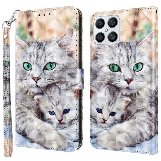 For Honor X8 4G 4G PU Leather 3D Pattern Printing Anti-drop Case Magnetic Clasp Phone Stand Wallet Cover with Strap - Two Cats