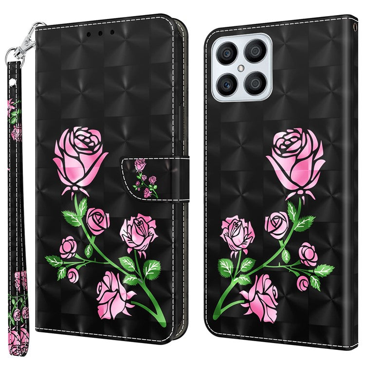 For Honor X8 4G 4G PU Leather 3D Pattern Printing Anti-drop Case Magnetic Clasp Phone Stand Wallet Cover with Strap - Rose Flower