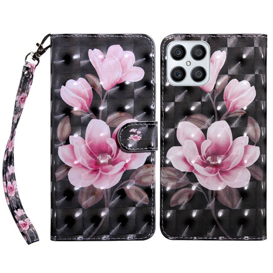 For Honor X8 4G 4G PU Leather 3D Pattern Printing Anti-drop Case Magnetic Clasp Phone Stand Wallet Cover with Strap - Pink Flower