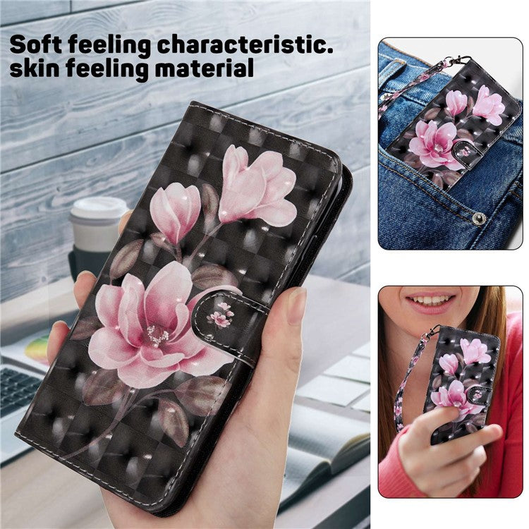 For Honor X8 4G 4G PU Leather 3D Pattern Printing Anti-drop Case Magnetic Clasp Phone Stand Wallet Cover with Strap - Pink Flower
