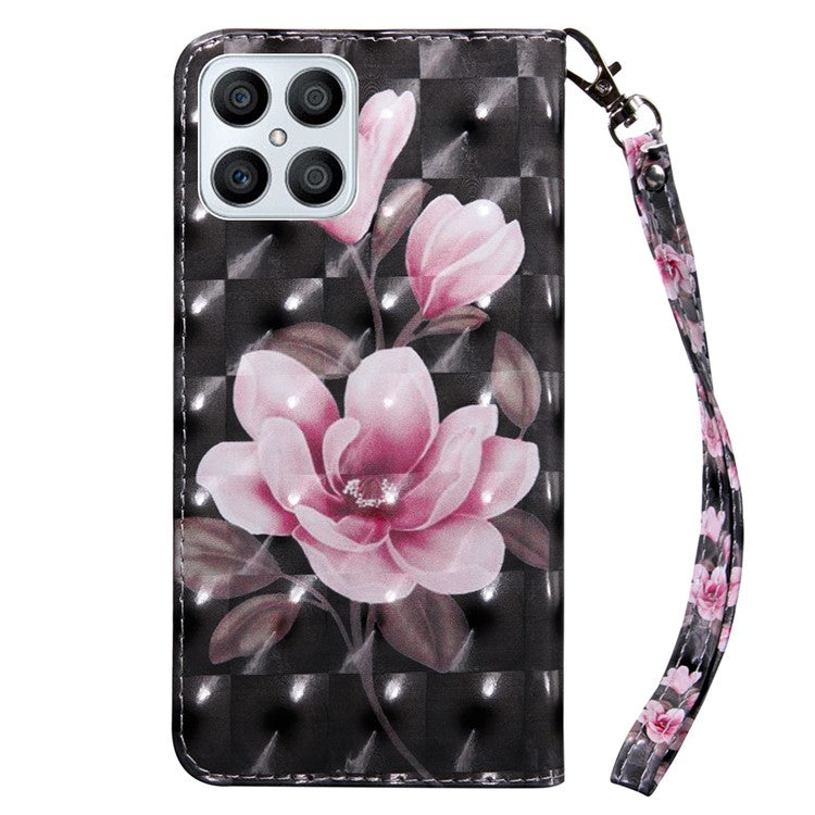 For Honor X8 4G 4G PU Leather 3D Pattern Printing Anti-drop Case Magnetic Clasp Phone Stand Wallet Cover with Strap - Pink Flower