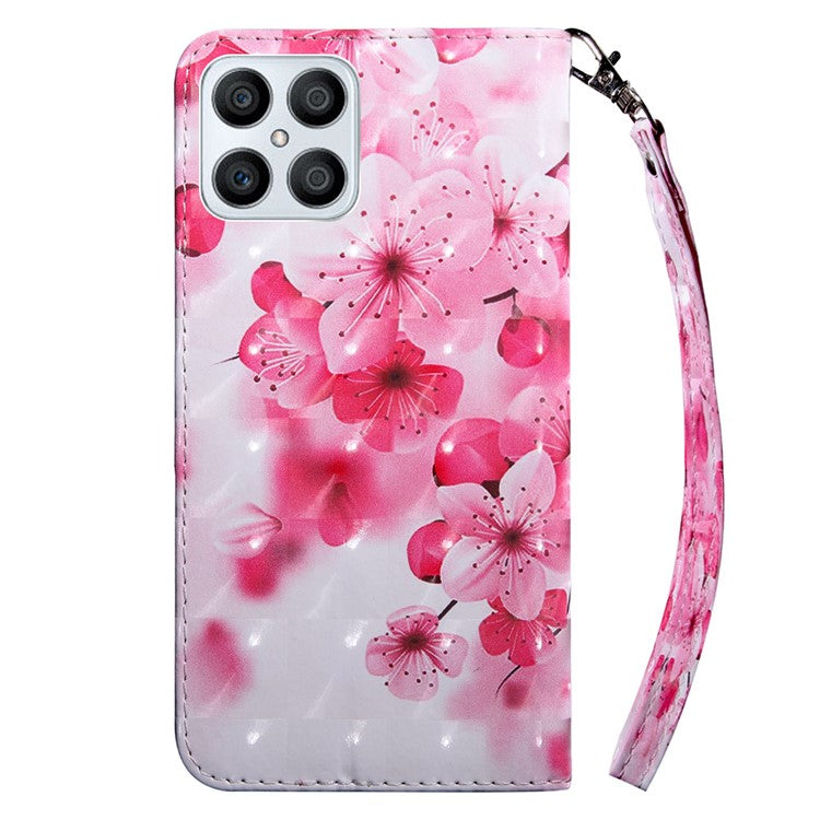 For Honor X8 4G 4G PU Leather 3D Pattern Printing Anti-drop Case Magnetic Clasp Phone Stand Wallet Cover with Strap - Red Flower