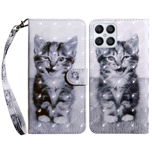 For Honor X8 4G 4G PU Leather 3D Pattern Printing Anti-drop Case Magnetic Clasp Phone Stand Wallet Cover with Strap - Cat