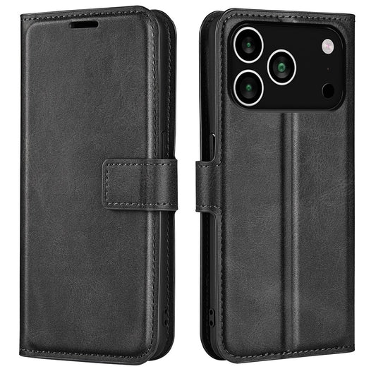 For iPhone 17 Pro Max Stand Case Anti-Scratch Calf Texture Leather Phone Cover - Black