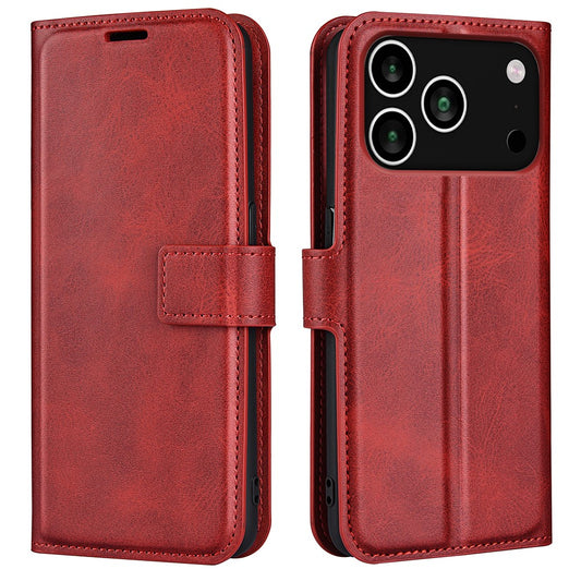 For iPhone 17 Pro Max Stand Case Anti-Scratch Calf Texture Leather Phone Cover - Red