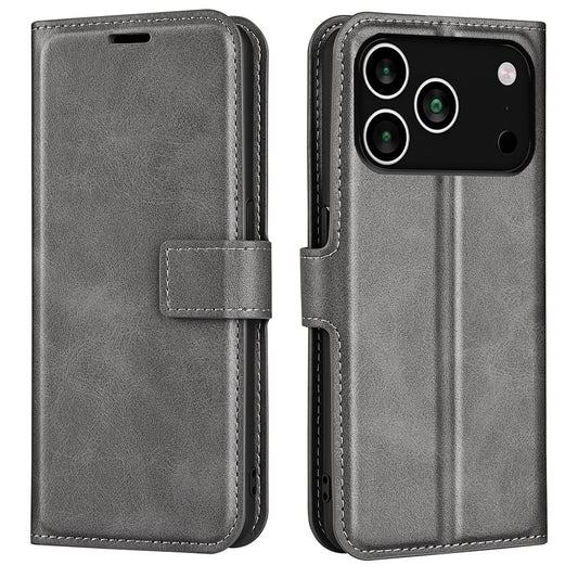 For iPhone 17 Pro Max Stand Case Anti-Scratch Calf Texture Leather Phone Cover - Grey
