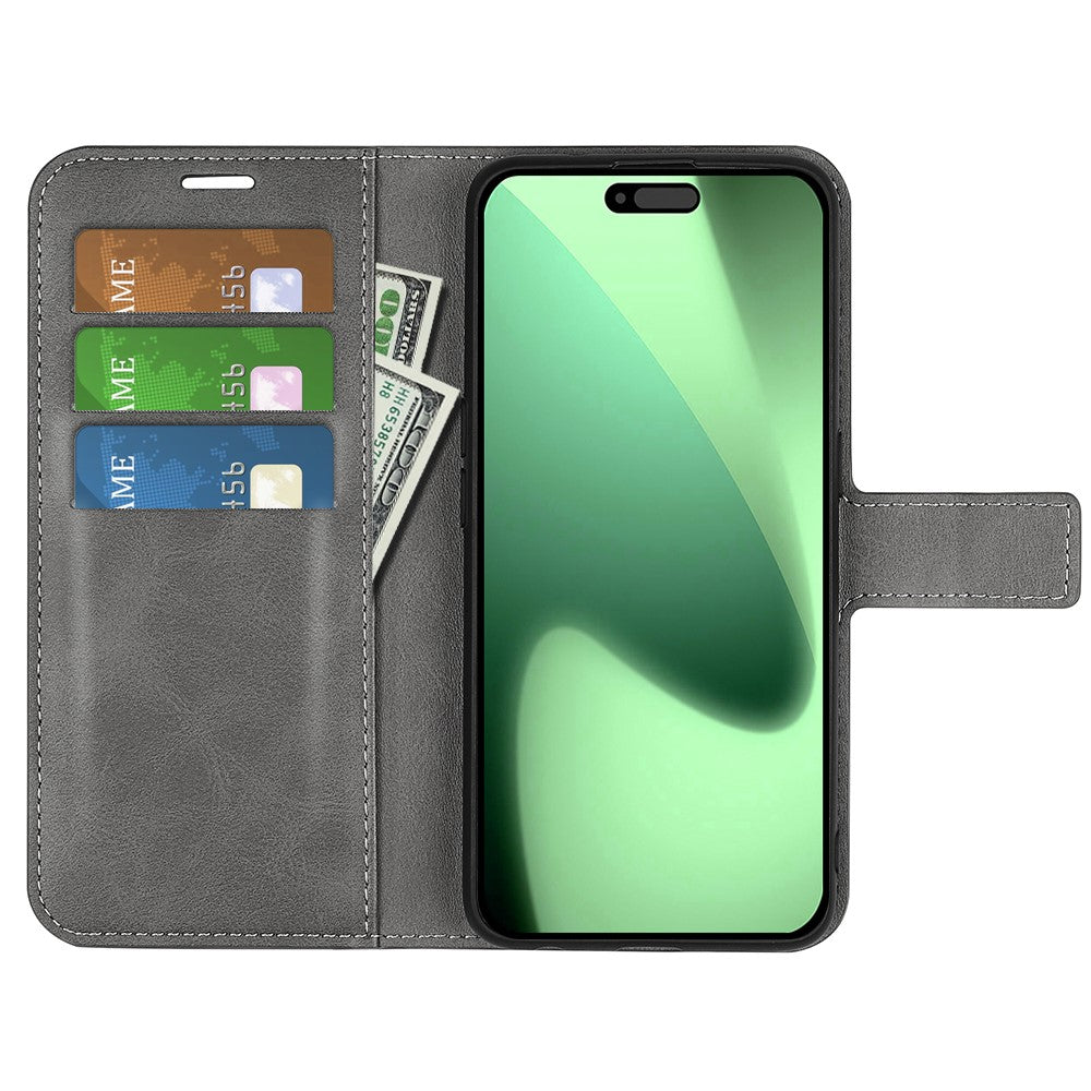 For iPhone 17 Pro Max Stand Case Anti-Scratch Calf Texture Leather Phone Cover - Grey