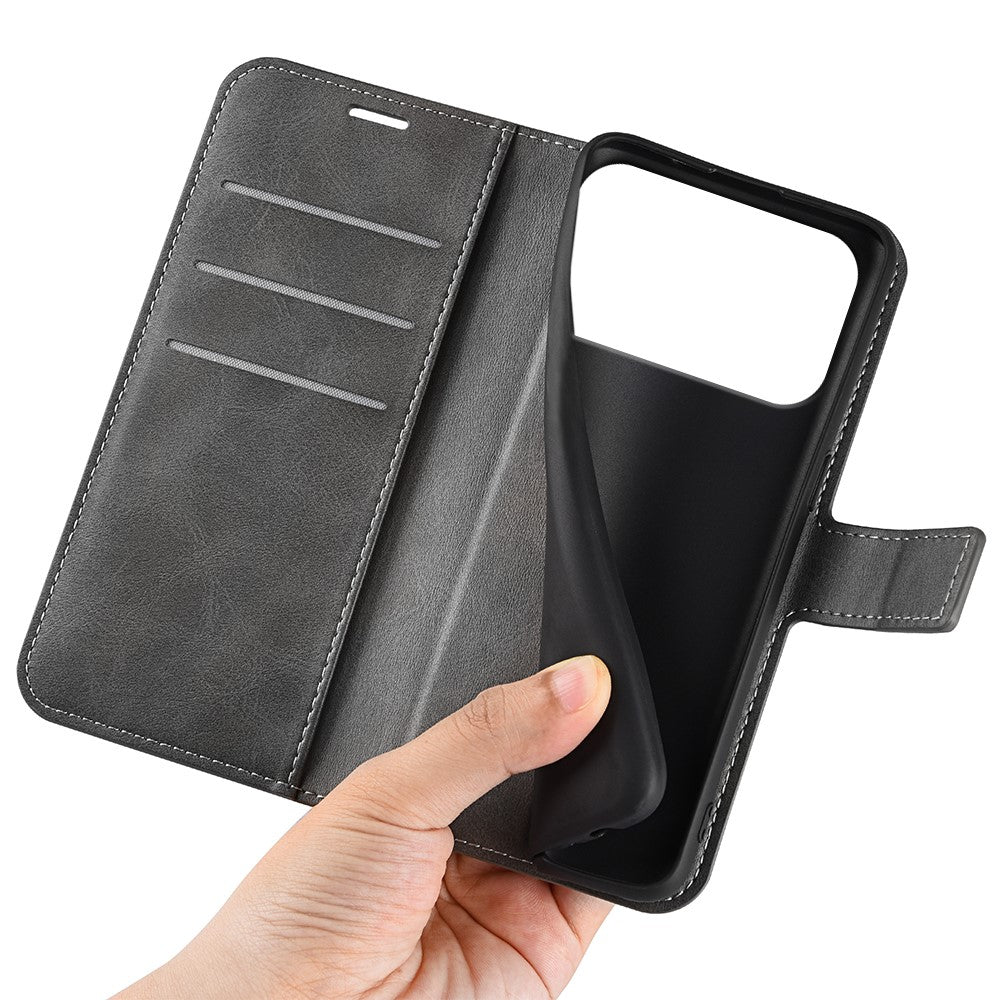 For iPhone 17 Pro Max Stand Case Anti-Scratch Calf Texture Leather Phone Cover - Grey