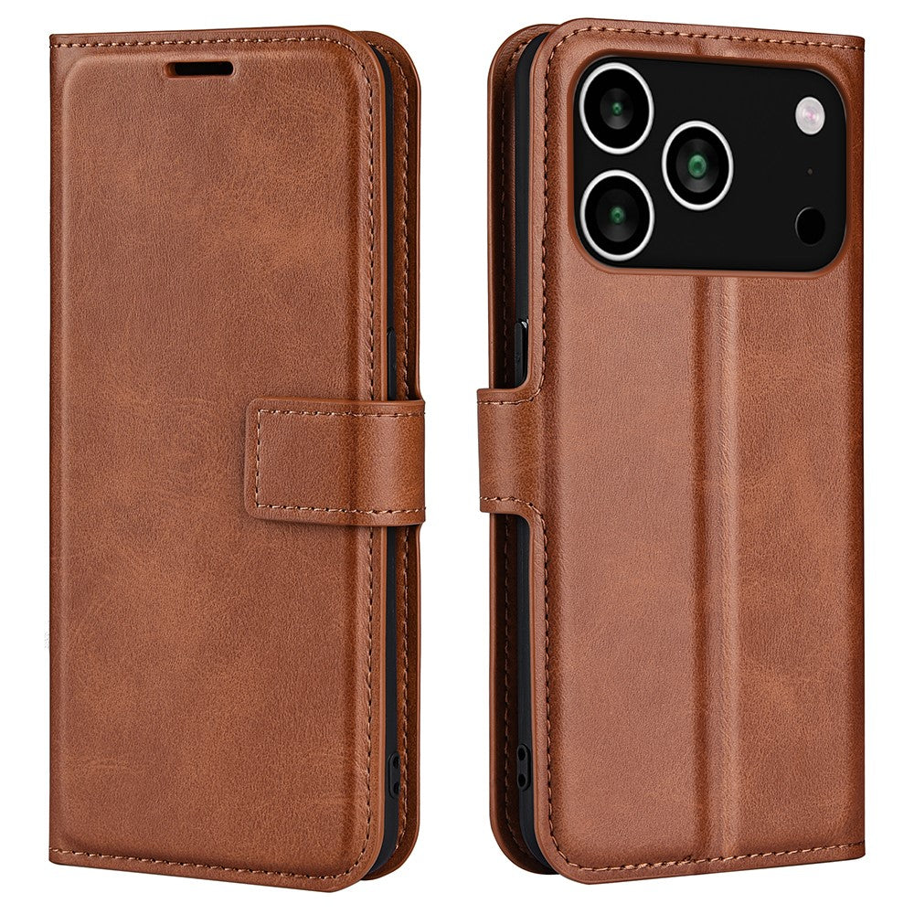 For iPhone 17 Pro Max Stand Case Anti-Scratch Calf Texture Leather Phone Cover - Light Brown