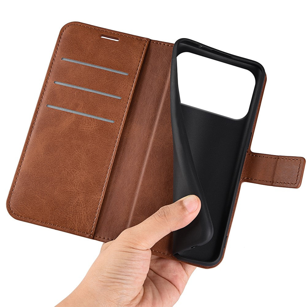 For iPhone 17 Pro Max Stand Case Anti-Scratch Calf Texture Leather Phone Cover - Light Brown
