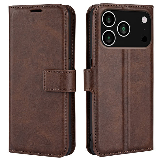 For iPhone 17 Pro Max Stand Case Anti-Scratch Calf Texture Leather Phone Cover - Brown