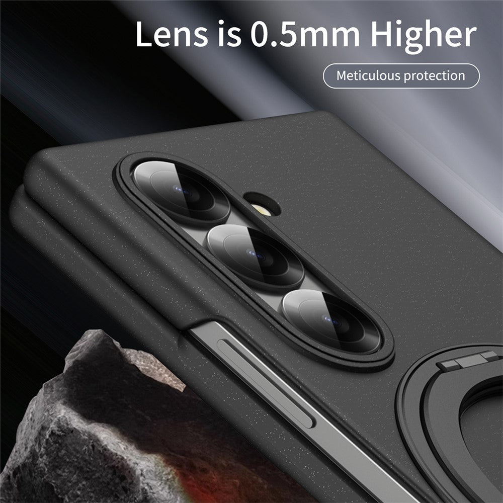 For Samsung Galaxy Z Fold7 5G Magnetic Case Ring Kickstand Hard PC Cover with Tempered Glass Screen Film - Black
