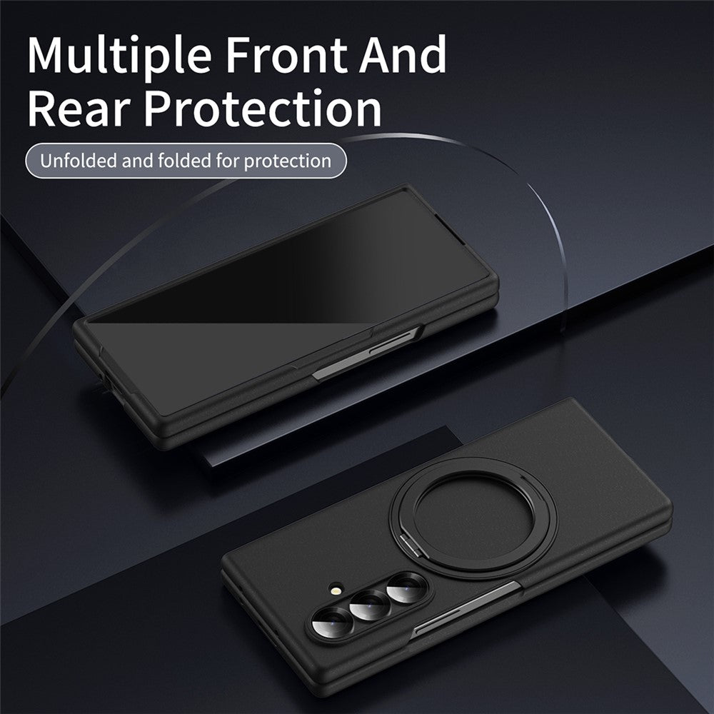 For Samsung Galaxy Z Fold7 5G Magnetic Case Ring Kickstand Hard PC Cover with Tempered Glass Screen Film - Black