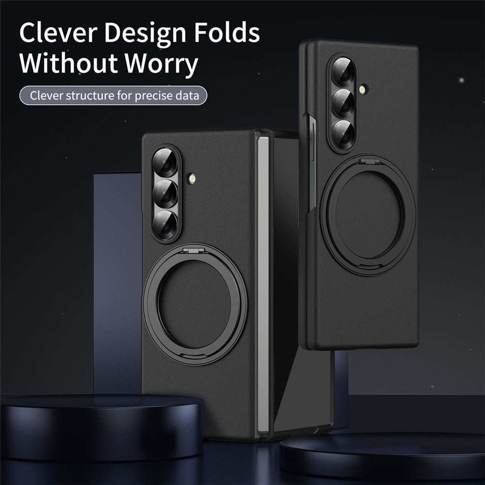 For Samsung Galaxy Z Fold7 5G Magnetic Case Ring Kickstand Hard PC Cover with Tempered Glass Screen Film - Black