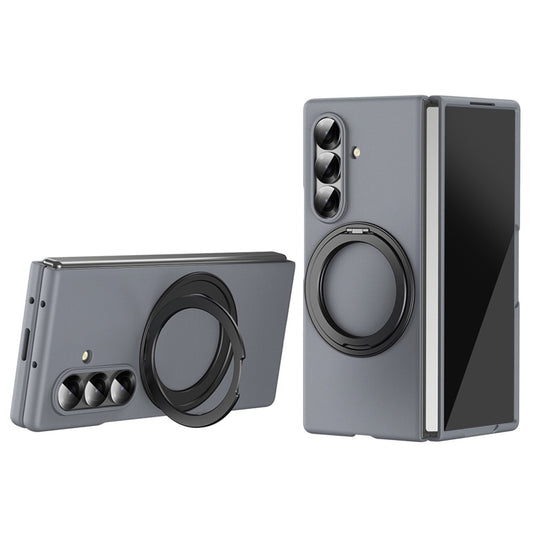 For Samsung Galaxy Z Fold7 5G Magnetic Case Ring Kickstand Hard PC Cover with Tempered Glass Screen Film - Grey