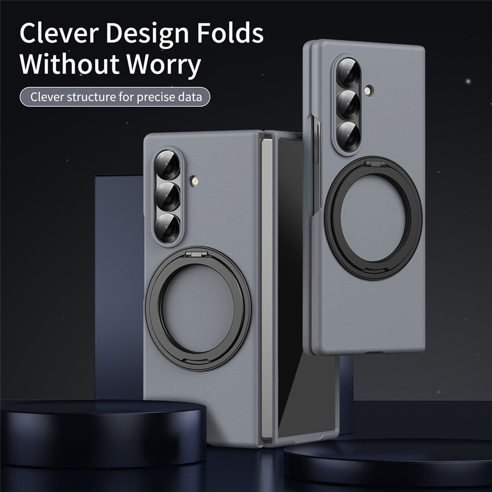 For Samsung Galaxy Z Fold7 5G Magnetic Case Ring Kickstand Hard PC Cover with Tempered Glass Screen Film - Grey