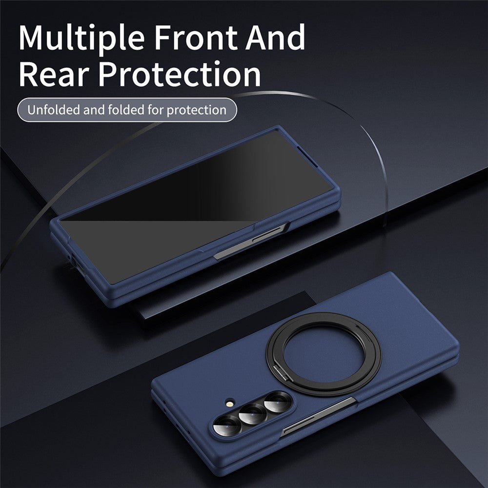 For Samsung Galaxy Z Fold7 5G Magnetic Case Ring Kickstand Hard PC Cover with Tempered Glass Screen Film - Sapphire