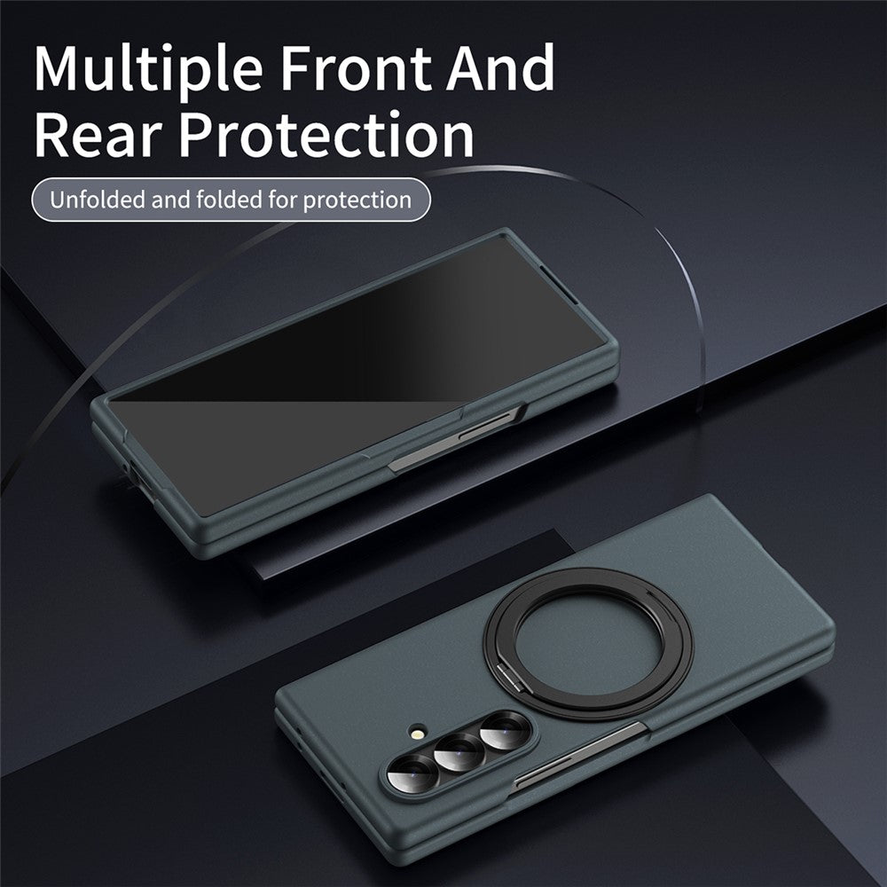 For Samsung Galaxy Z Fold7 5G Magnetic Case Ring Kickstand Hard PC Cover with Tempered Glass Screen Film - Green