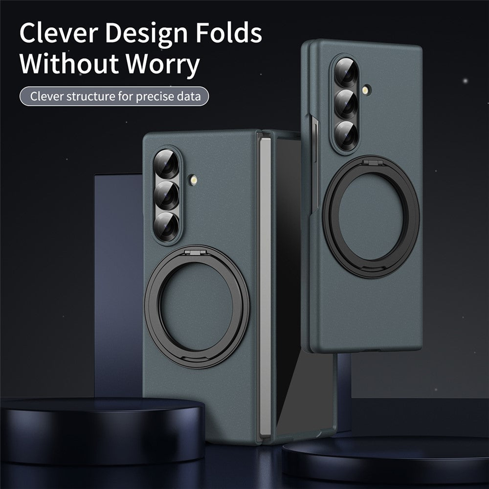 For Samsung Galaxy Z Fold7 5G Magnetic Case Ring Kickstand Hard PC Cover with Tempered Glass Screen Film - Green