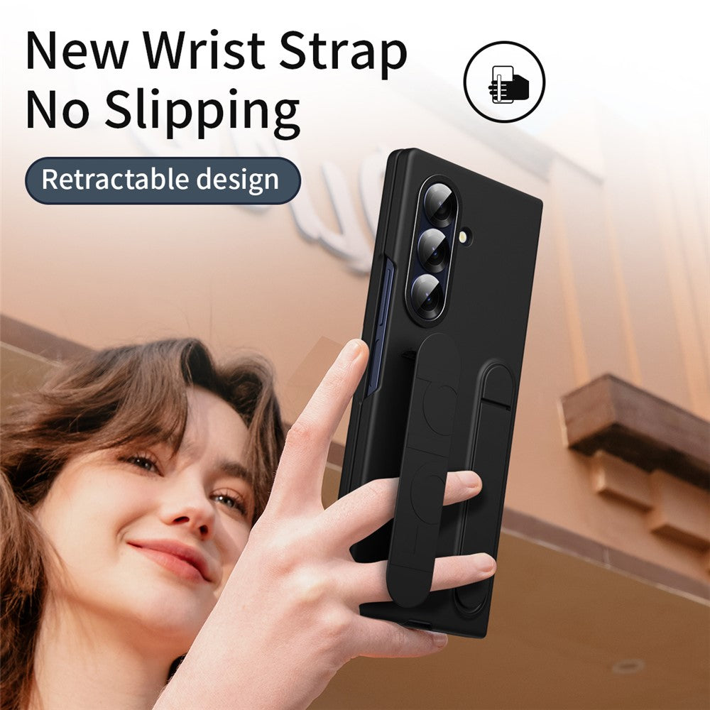 For Samsung Galaxy Z Fold7 5G Phone Case Kickstand Wristband PC Silicone Mobile Cover - Black