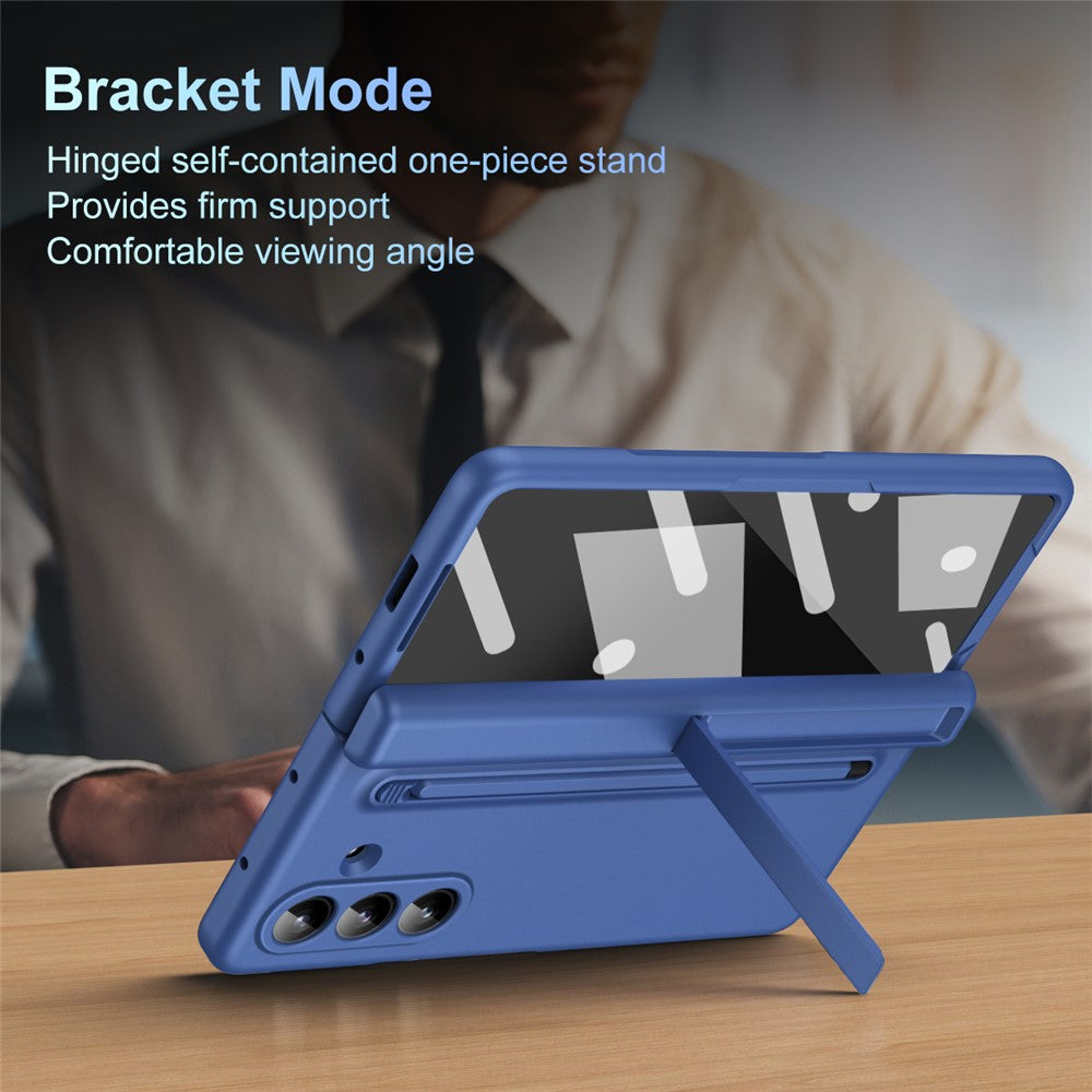 For Samsung Galaxy Z Fold7 5G Case Kickstand PC Phone Back Cover with Stylus and Tempered Glass Film - Sapphire