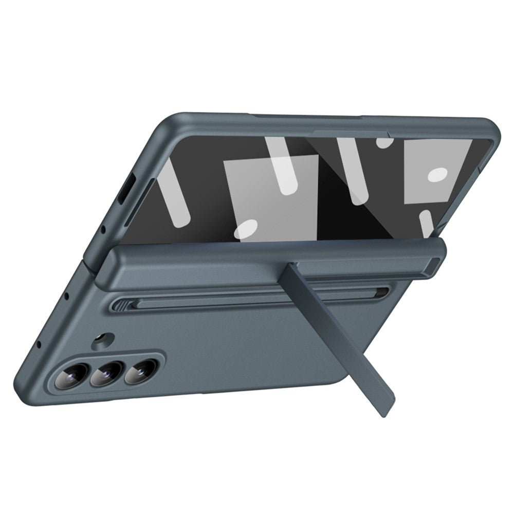 For Samsung Galaxy Z Fold7 5G Case Kickstand PC Phone Back Cover with Stylus and Tempered Glass Film - Grey Green