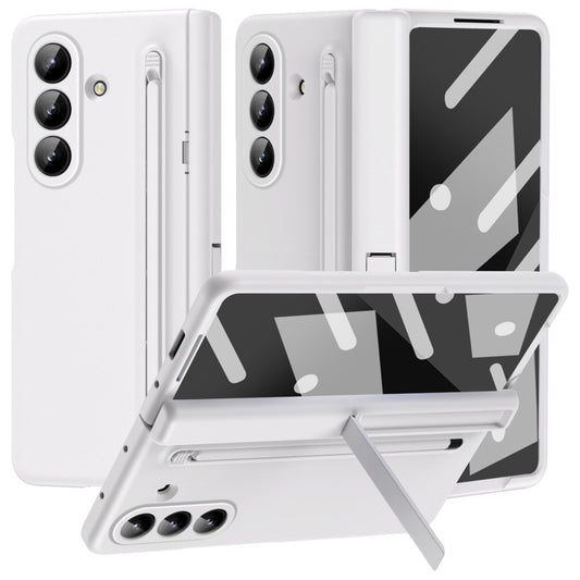 For Samsung Galaxy Z Fold7 5G Case Kickstand PC Phone Back Cover with Stylus and Tempered Glass Film - White