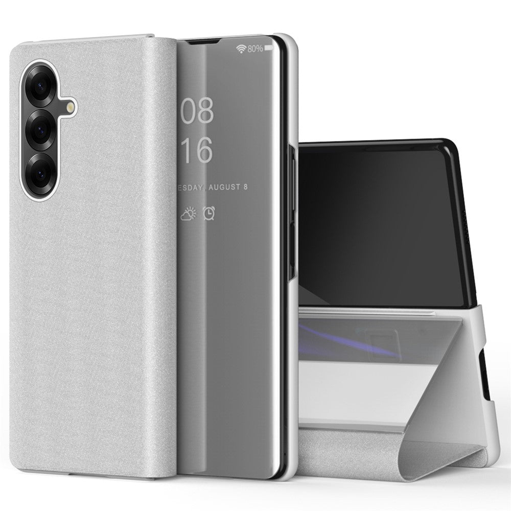 For Samsung Galaxy Z Fold7 5G Case View Window PU Leather + PC Electroplating Phone Cover - Silver