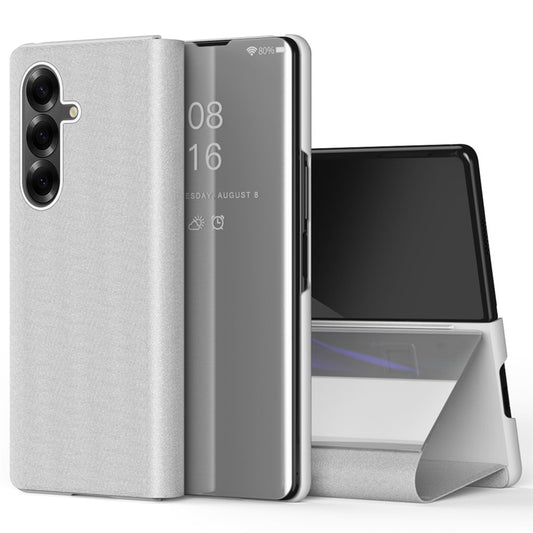 For Samsung Galaxy Z Fold7 5G Case View Window PU Leather + PC Electroplating Phone Cover - Silver