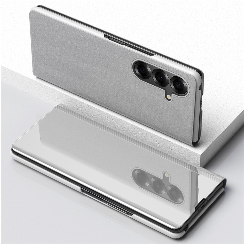 For Samsung Galaxy Z Fold7 5G Case View Window PU Leather + PC Electroplating Phone Cover - Silver